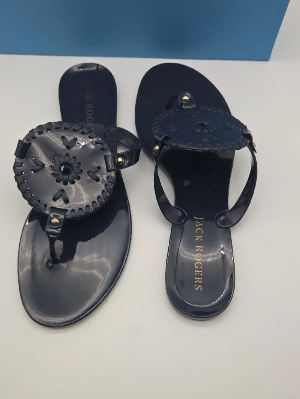 Jack Rogers Navy Patent Jelly Sandals with Woven Medallion